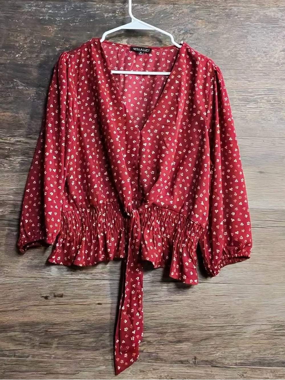 Stella Luce Red Floral Tie-Front Smocked Peplum Blouse